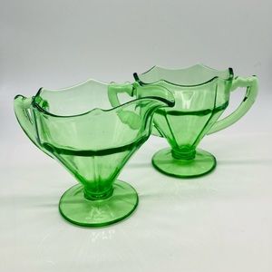 Vintage Green Depression Glass Creamer & Sugar Set